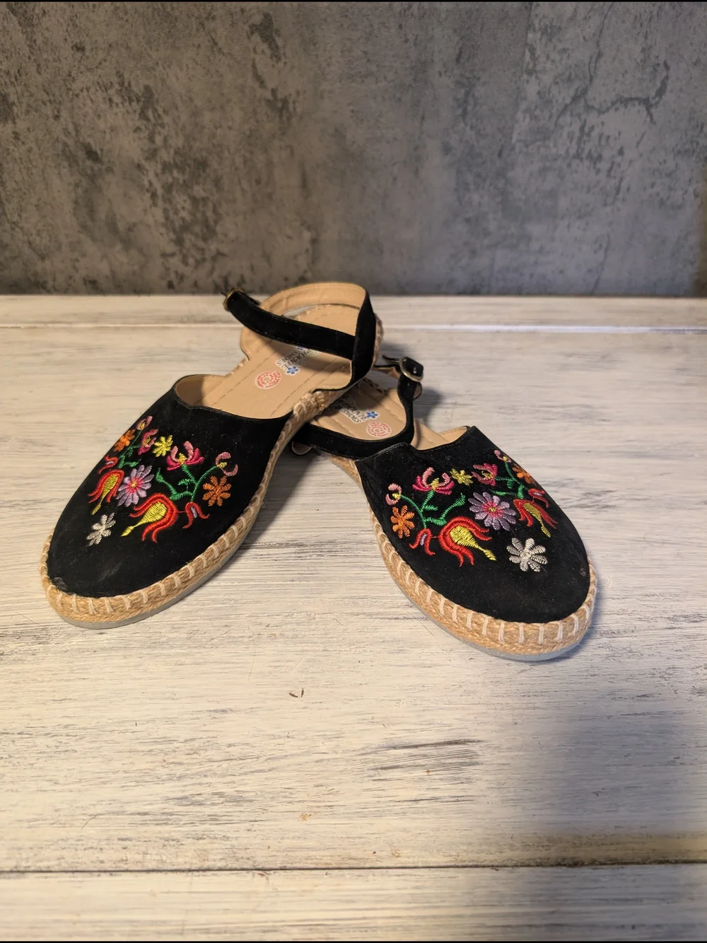 Black Embroidered Espadrille Flats with Ankle Strap